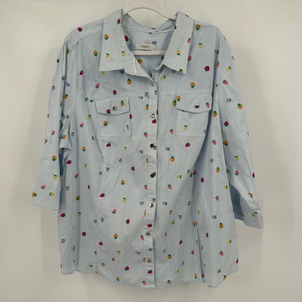 CJ Banks Womens Cottagecore Top Size 3X Strawberry Print Whimsical Garden Picnic